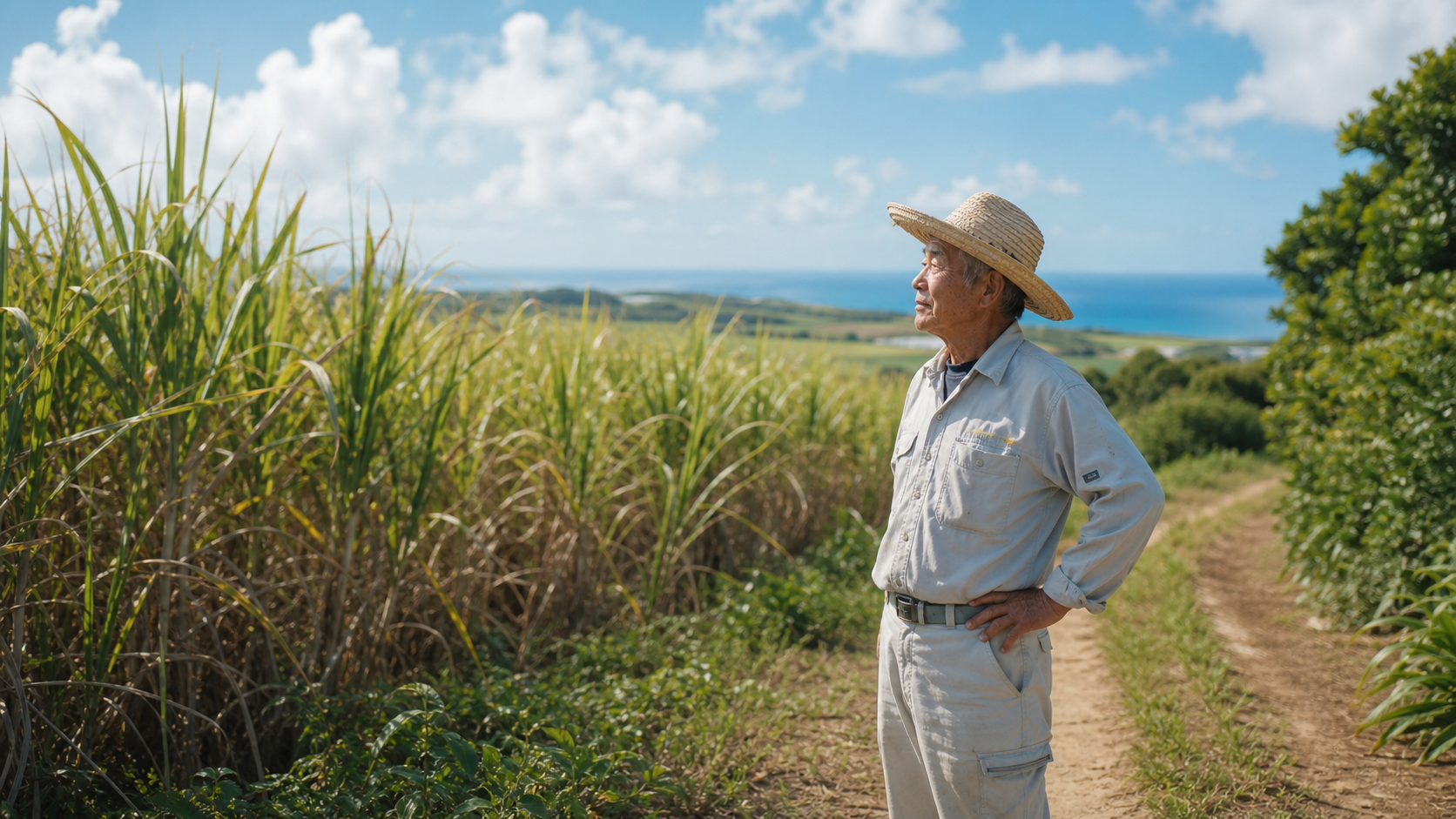Elderly island farmer near a Miyakojima sugarcane field