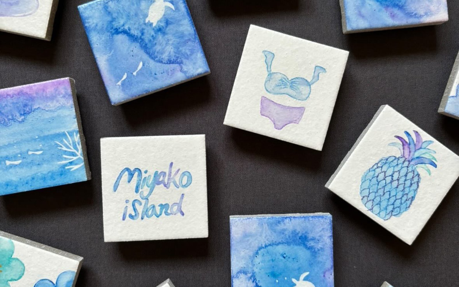 Hand-painted GGS tile magnets inspired by Miyakojima colors