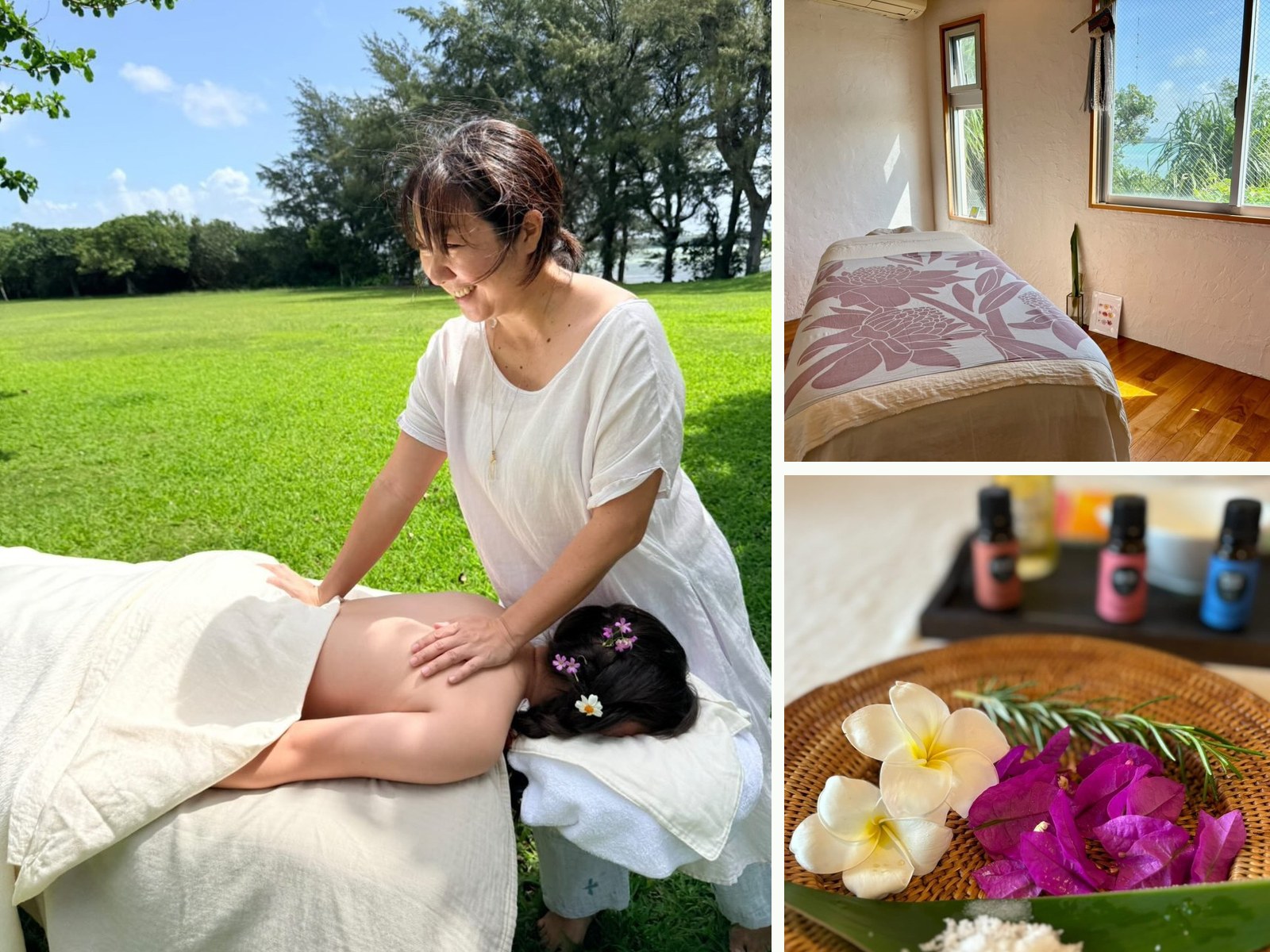 Hawaiian Lomi Lomi Pono treatment, sea-view salon, and flower detail in Miyakojima