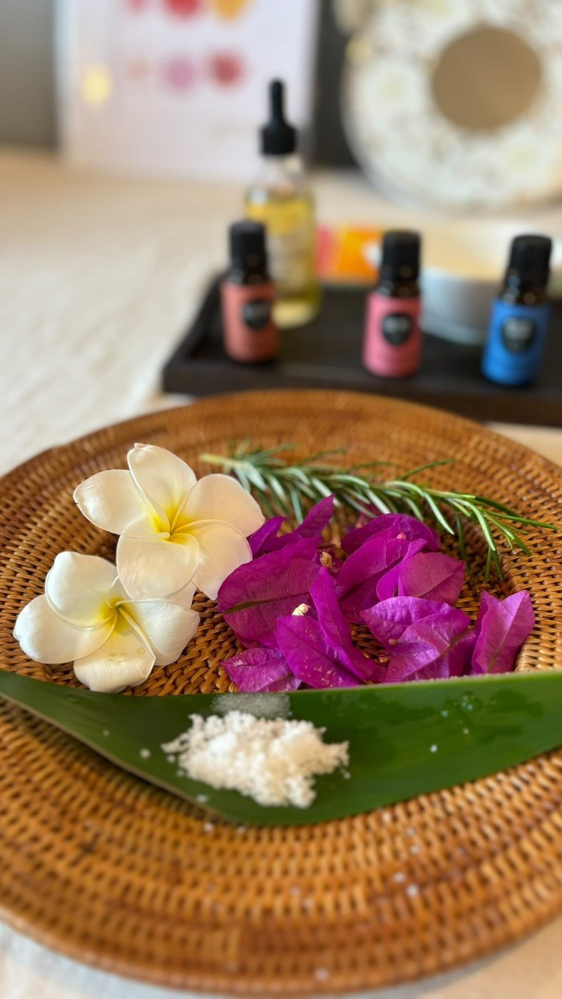Flowers and oils prepared for lomi lomi at Pono